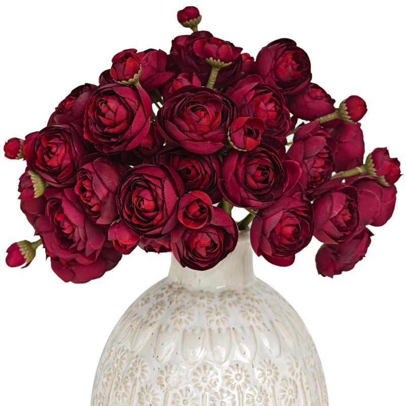 Letjolt Ranunculus Artificial Flower 18 Pcs Red Silk Ranunculus Wedding Bouquet Engagement Centerpieces Arrangements Bridal Shower Decorations Home Decor, Dark Red - Image 1