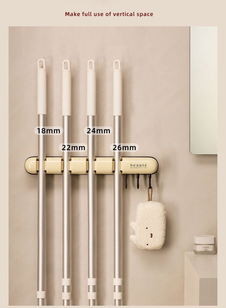 Multi-Function Mop Holder Wall Mounted Bathroom Broom Mop Organizer Clip 4 Clips 382X51.5X63.5MM - Image 1