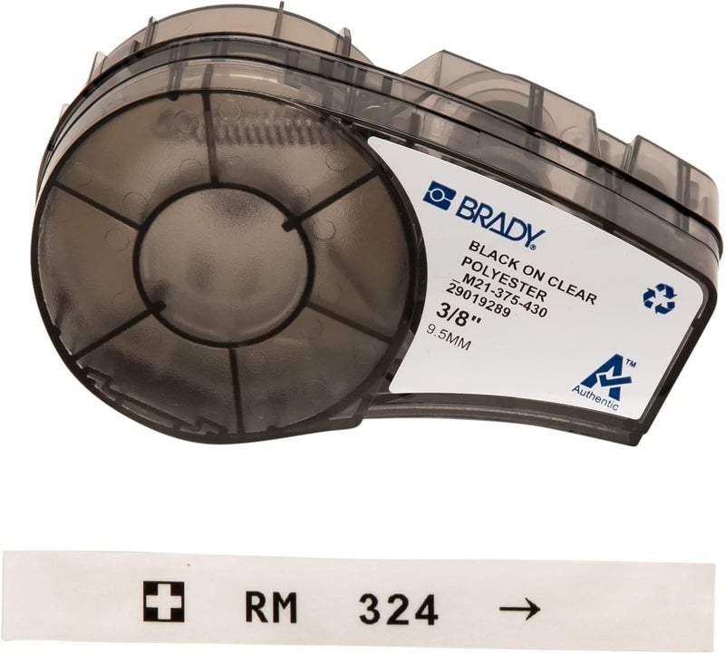 Brady Authentic (M21-375-430) Harsh Environment Polyester Label for Lab, Asset Tracking and Datacom Labeling, Black on Clear- ForM210, M210-LAB, M211, BMP21-PLUS and BMP21-LAB Printers, .375" W, 21' L - Image 1