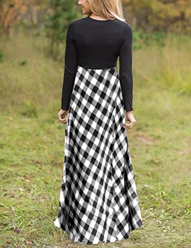 MEROKEETY Women's Plaid Long Sleeve Empire Waist Full Length Maxi Dress, Black White#1, X-Large - Image 2