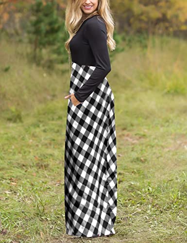 MEROKEETY Women's Plaid Long Sleeve Empire Waist Full Length Maxi Dress, Black White#1, X-Large - Image 3