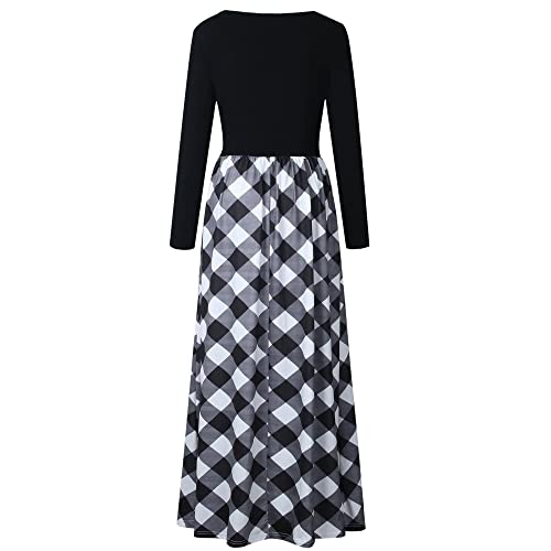 MEROKEETY Women's Plaid Long Sleeve Empire Waist Full Length Maxi Dress, Black White#1, X-Large - Image 5