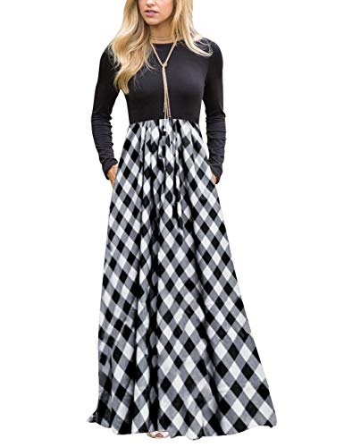 MEROKEETY Women's Plaid Long Sleeve Empire Waist Full Length Maxi Dress, Black White#1, X-Large - Image 1