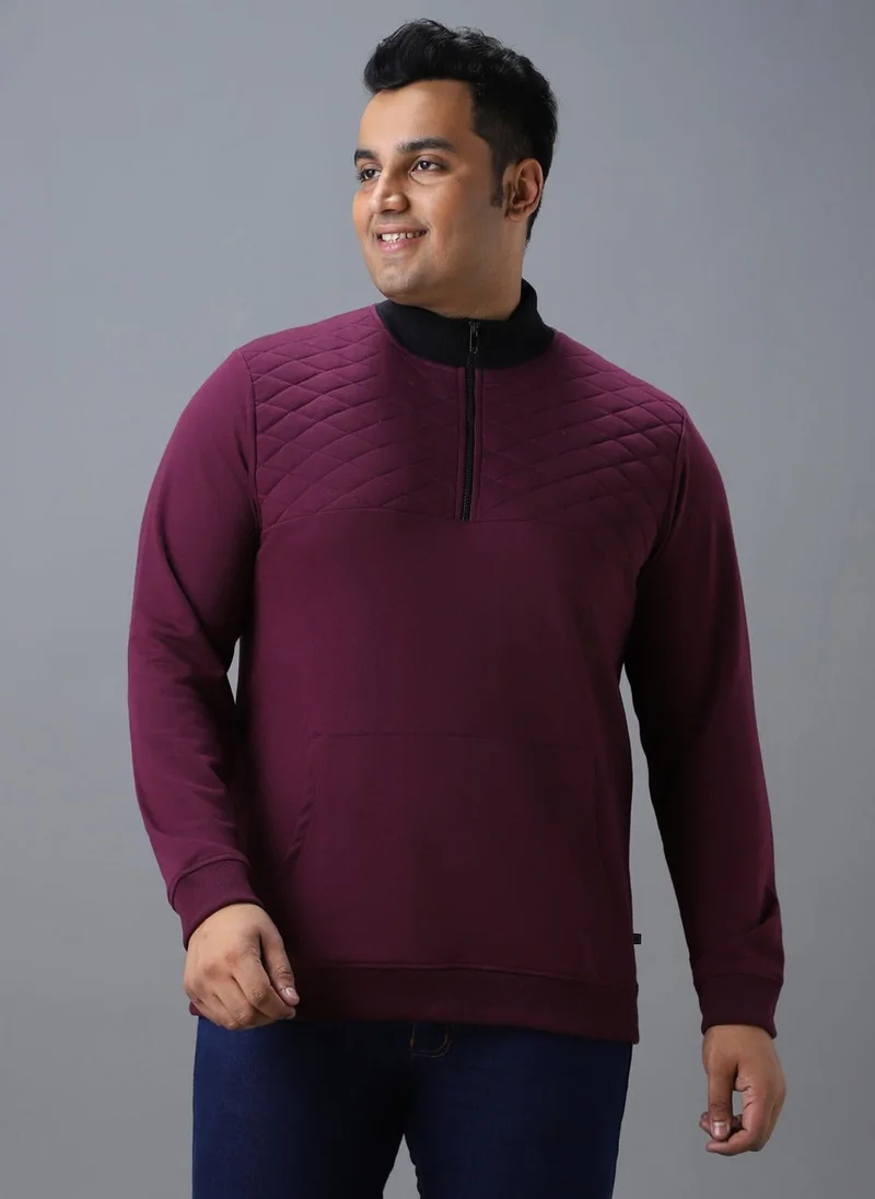 Urbano Plus Men's Purple Cotton Solid Zippered High Neck Sweatshirt