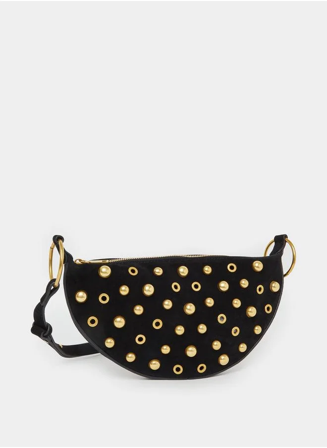Styli Styli Studded Half Moon Shoulder Bag with Zip Closure