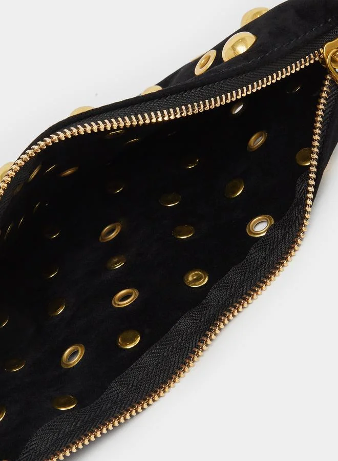 Styli Styli Studded Half Moon Shoulder Bag with Zip Closure