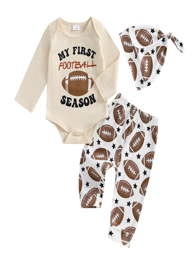 Honganda 3Pcs Newborn Baby Boy Football Outfit My First Football Season Bodysuit Romper Rugby Pants Game Day Clothes with Hat (Beige, 0-3 Months) - Image 1