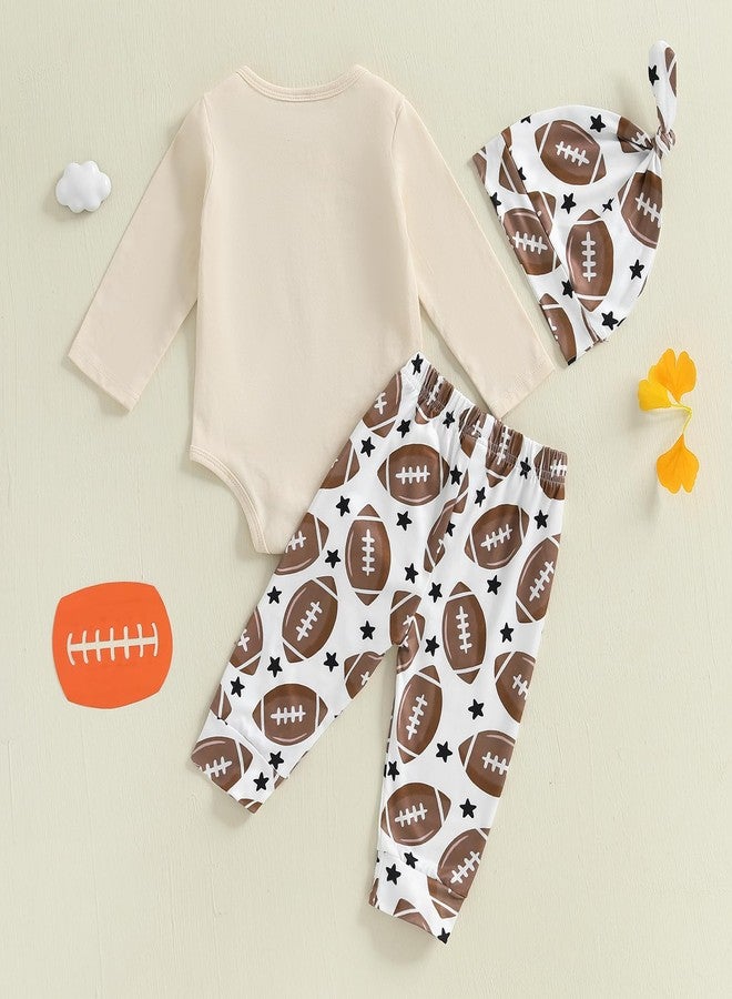 Honganda 3Pcs Newborn Baby Boy Football Outfit My First Football Season Bodysuit Romper Rugby Pants Game Day Clothes with Hat (Beige, 0-3 Months) - Image 5