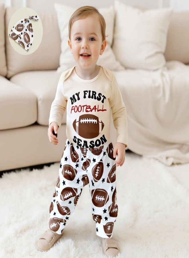 Honganda 3Pcs Newborn Baby Boy Football Outfit My First Football Season Bodysuit Romper Rugby Pants Game Day Clothes with Hat (Beige, 0-3 Months) - Image 2