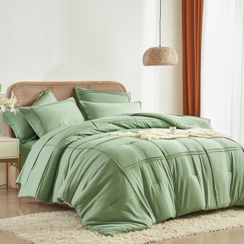 Yogeneg King Size Comforter Set 7 Piece Bed In A Bag Grid Pinch Pleat Sage Green Bedding Set Striped Textured Soft Microfiber Comforter With Sheet Set All Season Complete Bed Set(Sage Green King) - Image 1