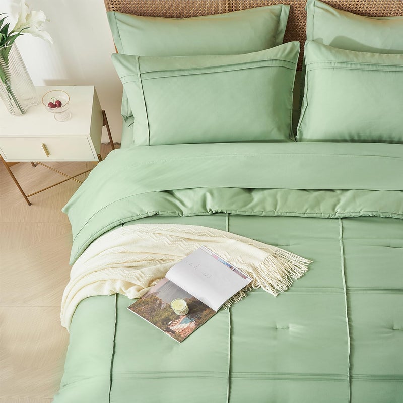 Yogeneg King Size Comforter Set 7 Piece Bed In A Bag Grid Pinch Pleat Sage Green Bedding Set Striped Textured Soft Microfiber Comforter With Sheet Set All Season Complete Bed Set(Sage Green King) - Image 3