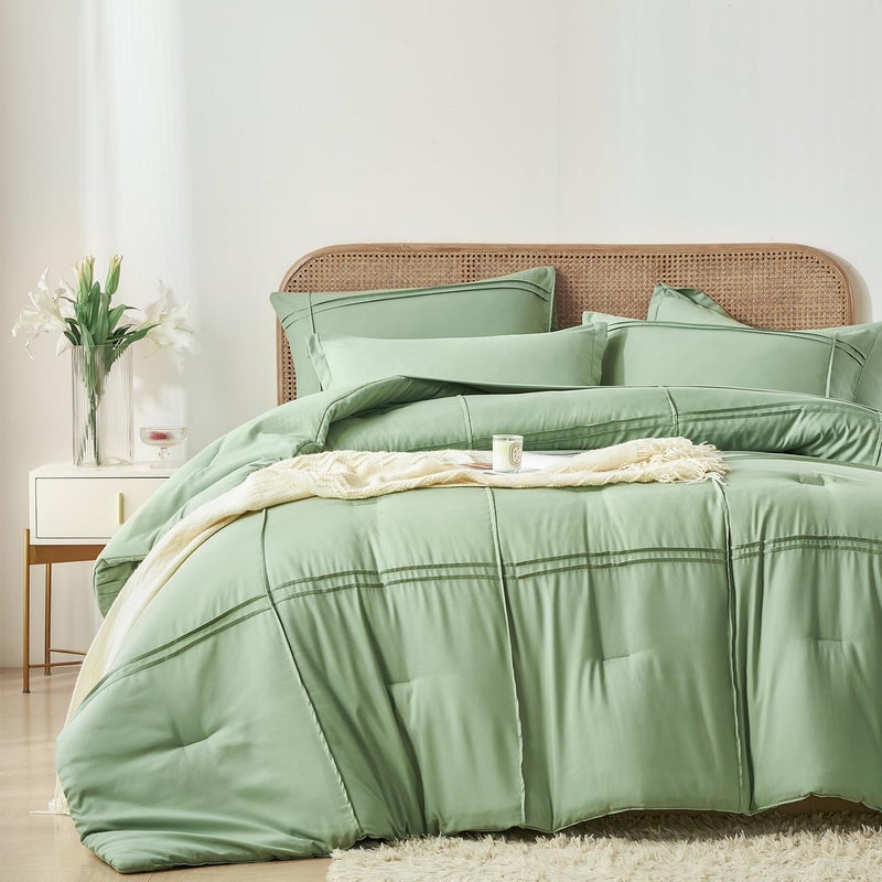 Yogeneg King Size Comforter Set 7 Piece Bed In A Bag Grid Pinch Pleat Sage Green Bedding Set Striped Textured Soft Microfiber Comforter With Sheet Set All Season Complete Bed Set(Sage Green King) - Image 2