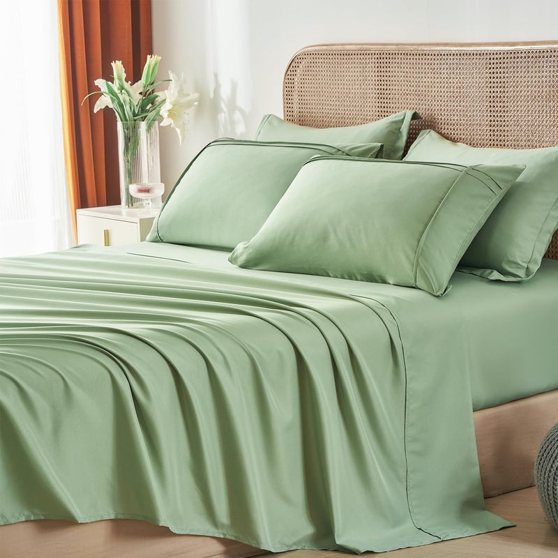 Yogeneg King Size Comforter Set 7 Piece Bed In A Bag Grid Pinch Pleat Sage Green Bedding Set Striped Textured Soft Microfiber Comforter With Sheet Set All Season Complete Bed Set(Sage Green King) - Image 4