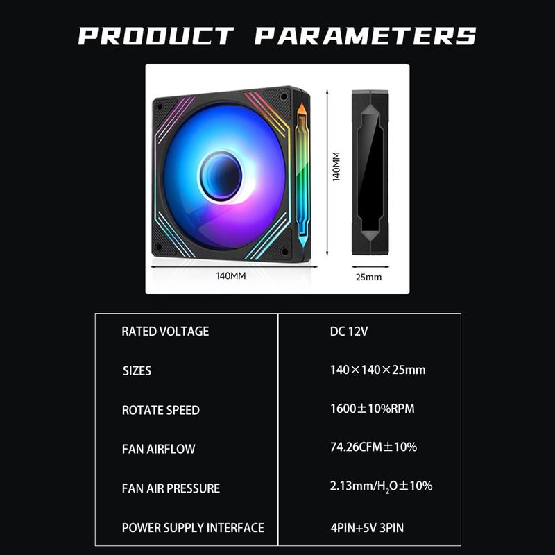 Jungle Leopard Prism 140mm ARGB Case Fan,Infinity Mirror Light Effect Design Cooling Fan, 140mm CPU PWM Fan 1600RPM 74.26CFM 2.13MMH20 HDB Bearing for PC Case&CPU Cooler(Black Forward) - Image 5