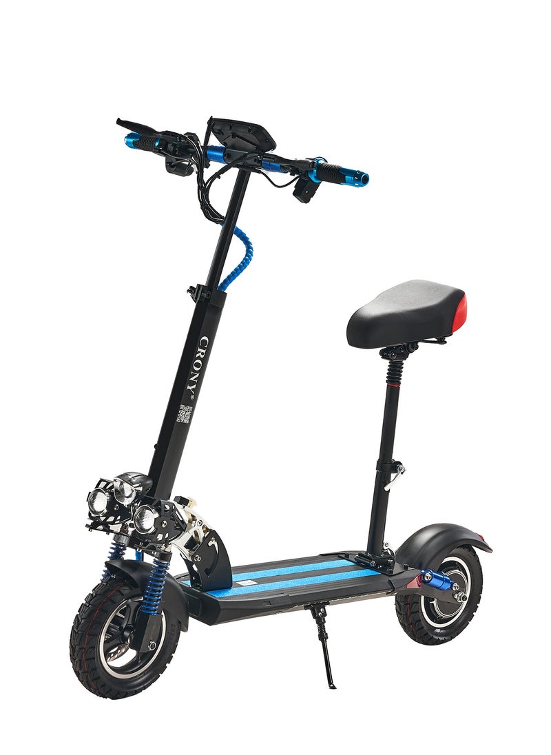 Crony - V10 Big LCD Display 1200W Motor E-Scooter, 48V 12AH Battery, 28–42 MRH Max Speed 20-40KM Range, 10” Off-Road Rubber Tires, Dual Disc Brakes, Front & Rear Suspension, Foldable Aluminum Frame, Triple LED Headlights, LED Base Lighting, Electric Scooter for Adults/Teens with Seat, Heavy Duty 265 lbs Load Capacity, Fast Urban Commuter E-Skateboard for Teens and Adults, Long Range, E-bike with Solid Tires and Easy Folding Design, Fast Urban Commuter Motorized Scooter,Perfect Scooter for Outdoor Adventures, Blue - Image 1