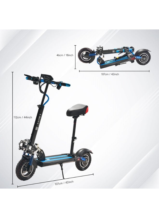 Crony - V10 Big LCD Display 1200W Motor E-Scooter, 48V 12AH Battery, 28–42 MRH Max Speed 20-40KM Range, 10” Off-Road Rubber Tires, Dual Disc Brakes, Front & Rear Suspension, Foldable Aluminum Frame, Triple LED Headlights, LED Base Lighting, Electric Scooter for Adults/Teens with Seat, Heavy Duty 265 lbs Load Capacity, Fast Urban Commuter E-Skateboard for Teens and Adults, Long Range, E-bike with Solid Tires and Easy Folding Design, Fast Urban Commuter Motorized Scooter,Perfect Scooter for Outdoor Adventures, Blue - Image 1