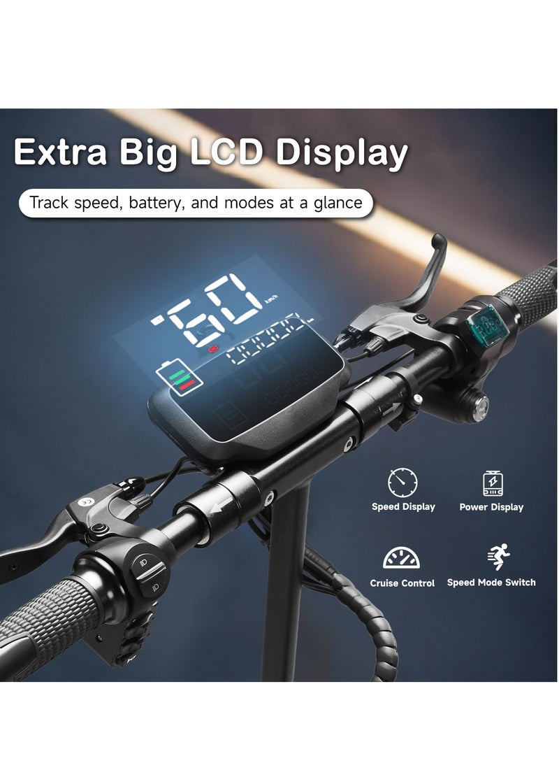 سكوتر كهربائي V10 بشاشة LED كبيرة، محرك 1200 واط، بطارية 48 فولت 12 أمبير/ساعة، أقصى سرعة 28-42 ساعة، مدى 12-25 ميلاً، إطارات مطاطية للطرق الوعرة 10 بوصات، فرامل قرصية مزدوجة، نظام تعليق أمامي وخلفي، هيكل من الألومنيوم قابل للطي، مصابيح أمامية ثلاثية LED، إضاءة قاعدة LED، سكوتر كهربائي للبالغين/المراهقين مع مقعد، سعة تحميل 265 رطلاً، لوح تزلج كهربائي سريع للتنقل في المناطق الحضرية للمراهقين والبالغين، مدى طويل، دراجة كهربائية بإطارات صلبة وتصميم سهل الطي، سكوتر كهربائي سريع للتنقل في المناطق الحضرية، سكوتر مثالي للمغامرات الخارجية، - Image 2