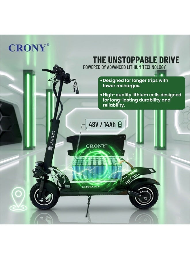 Crony V10 Big LED Display 1200W Motor E-Scooter, 55km/h Max Speed, 25-35KM Range, 48V 14AH Battery, 10” Off-Road Rubber Tires, Dual Disc Brakes, Front & Rear Suspension, Foldable Aluminum Frame, Triple LED Headlights, LED Base Lighting, Electric Scooter for Adults/Teens with Seat, Heavy Duty 120kg Load Capacity, Fast Urban Commuter E-Skateboard for Teens and Adults, Long Range, E-bike with pneumatic Tires and Easy Folding Design, Fast Urban Commuter Motorized Scooter,Perfect Scooter for Outdoor Adventures,Black - Image 5