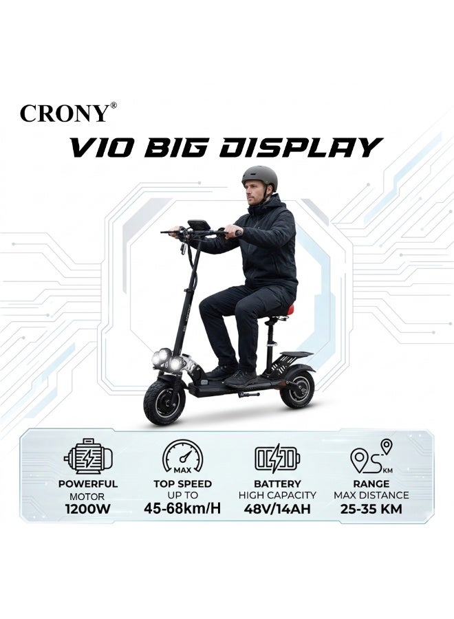 Crony V10 Big LED Display 1200W Motor E-Scooter, 55km/h Max Speed, 25-35KM Range, 48V 14AH Battery, 10” Off-Road Rubber Tires, Dual Disc Brakes, Front & Rear Suspension, Foldable Aluminum Frame, Triple LED Headlights, LED Base Lighting, Electric Scooter for Adults/Teens with Seat, Heavy Duty 120kg Load Capacity, Fast Urban Commuter E-Skateboard for Teens and Adults, Long Range, E-bike with pneumatic Tires and Easy Folding Design, Fast Urban Commuter Motorized Scooter,Perfect Scooter for Outdoor Adventures,Black - Image 3