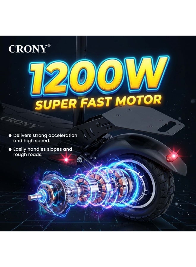 Crony V10 Big LED Display 1200W Motor E-Scooter, 55km/h Max Speed, 25-35KM Range, 48V 14AH Battery, 10” Off-Road Rubber Tires, Dual Disc Brakes, Front & Rear Suspension, Foldable Aluminum Frame, Triple LED Headlights, LED Base Lighting, Electric Scooter for Adults/Teens with Seat, Heavy Duty 120kg Load Capacity, Fast Urban Commuter E-Skateboard for Teens and Adults, Long Range, E-bike with pneumatic Tires and Easy Folding Design, Fast Urban Commuter Motorized Scooter,Perfect Scooter for Outdoor Adventures,Black - Image 4