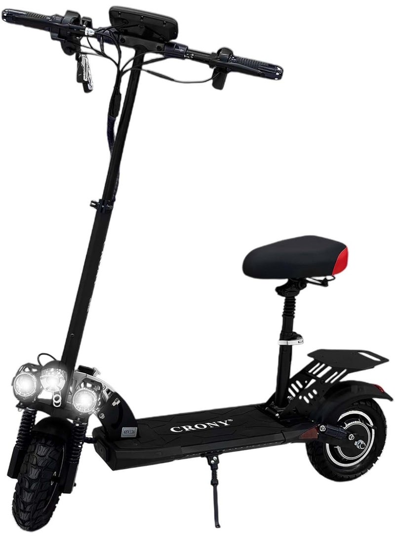 Crony V10 Big LED Display 1200W Motor E-Scooter, 55km/h Max Speed, 25-35KM Range, 48V 14AH Battery, 10” Off-Road Rubber Tires, Dual Disc Brakes, Front & Rear Suspension, Foldable Aluminum Frame, Triple LED Headlights, LED Base Lighting, Electric Scooter for Adults/Teens with Seat, Heavy Duty 120kg Load Capacity, Fast Urban Commuter E-Skateboard for Teens and Adults, Long Range, E-bike with pneumatic Tires and Easy Folding Design, Fast Urban Commuter Motorized Scooter,Perfect Scooter for Outdoor Adventures,Black - Image 1