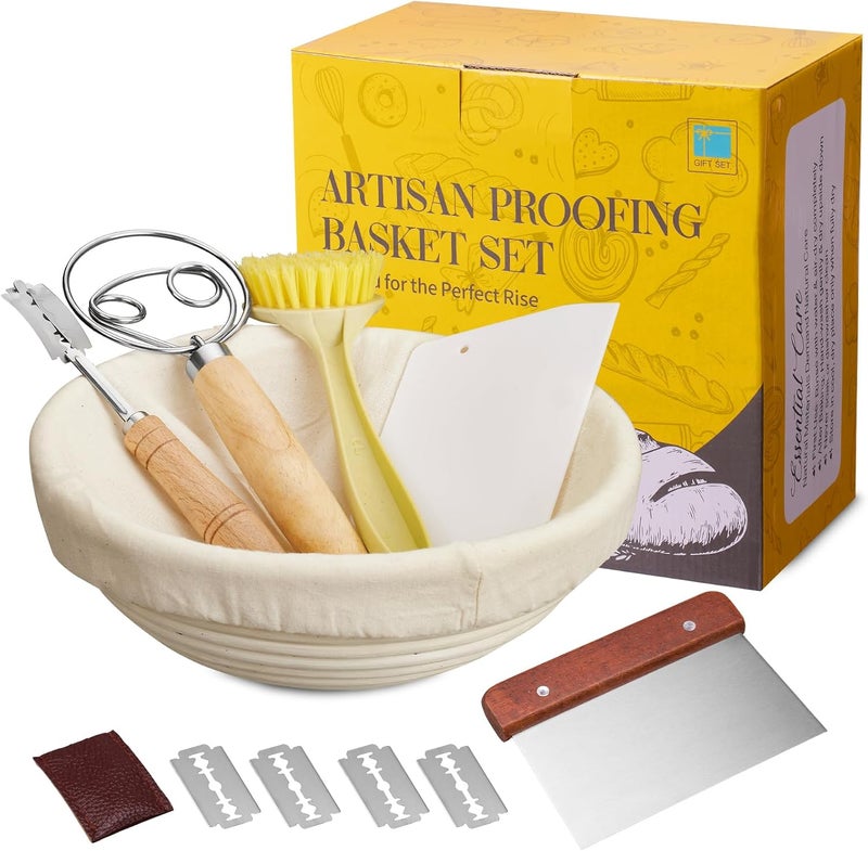 Dimpola Banneton Bread Proofing Basket Banneton Basket Set Sourdough Proofing Basket Round Proofing Bowls Handmade Rattan Baskets and Liners (Round of 1 Gift Set) - Image 1