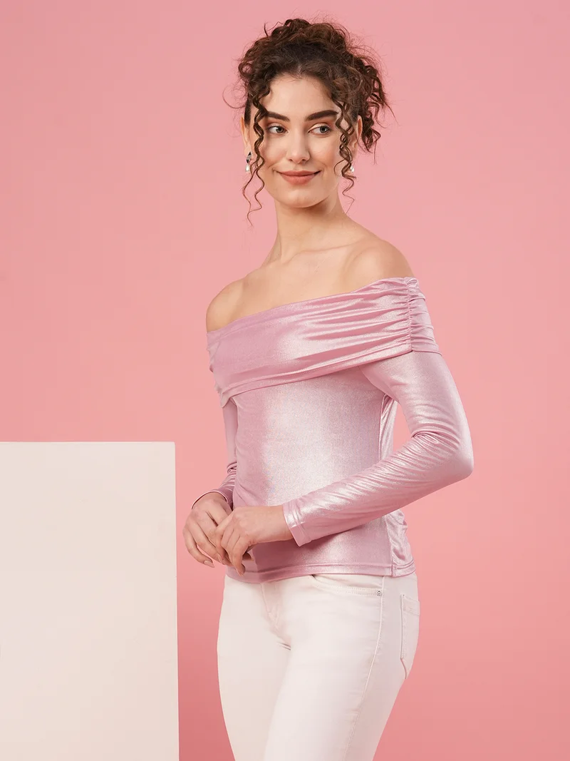 جلو باص بلوزة جلوبس نسائية وردية مكشوفة الأكتاف بأكمام طويلة