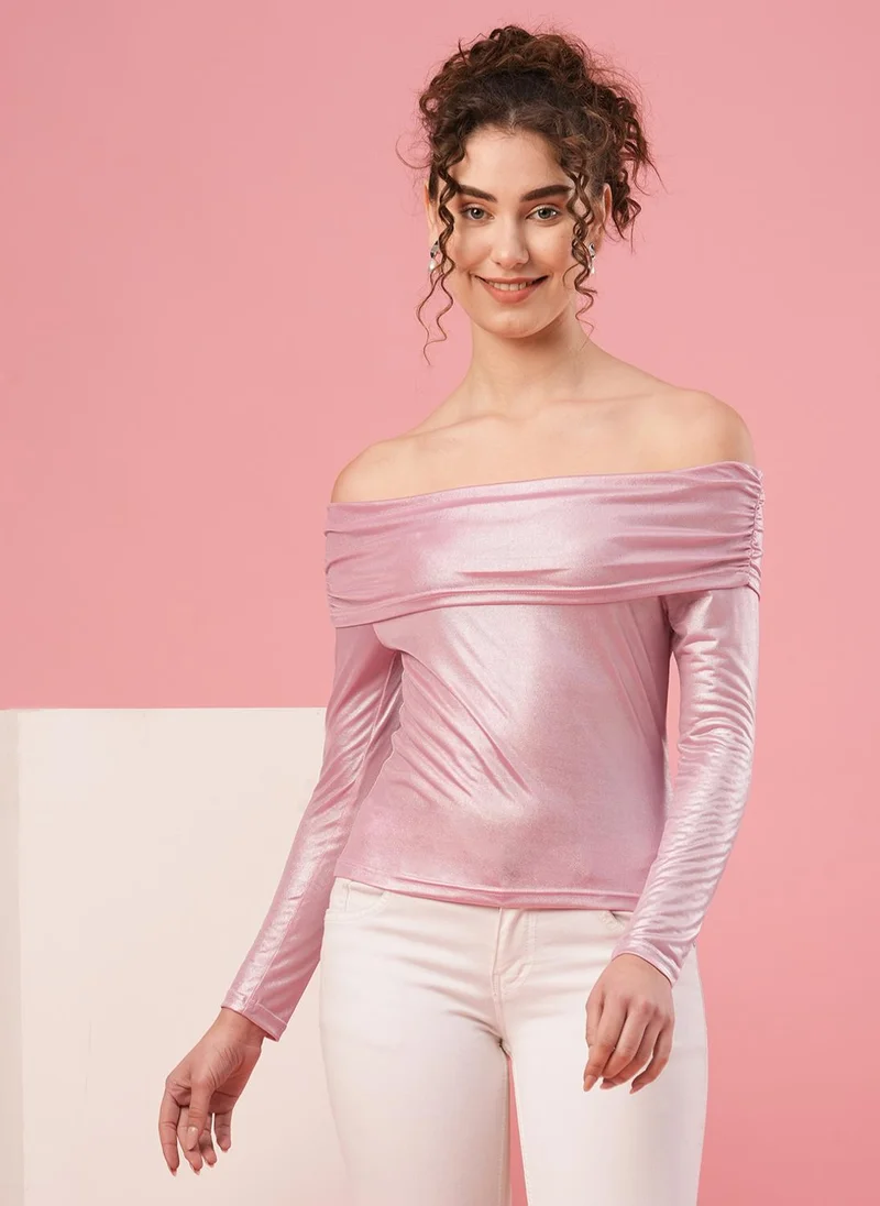 globus Globus Women Pink Off-Shoulder Long Sleeves Opaque Bardot Top