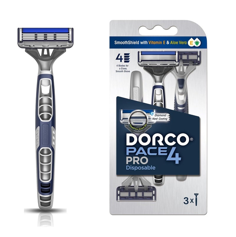 DORCO Pace Pro 4 Disposable Razors 3 pack  Long Lasting 4 Blade Technology with a Precision Trimmer Safety Guard Bar Pivoting Head and NonSlip Rubber Handle 3 Razors
