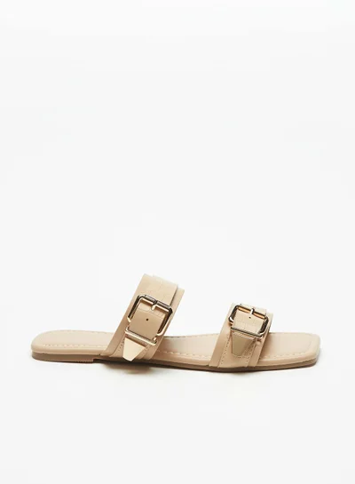 Flora Bella By Shoexpress Womens Textured Slip-On Dual Strap Slide Sandals with Buckle Accent