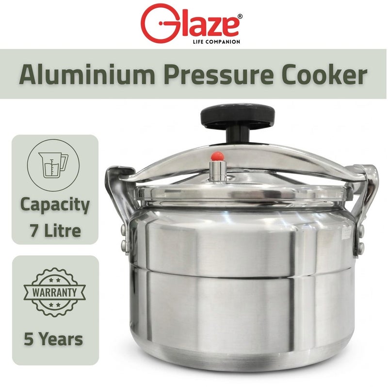 Glaze 7Liters Aluminium Pressure Cooker – Heavy Duty Safety Lock & Valve – Heat Resistant Handles – Gas & Electric Compatible – 5 Year Warranty silver - Image 1