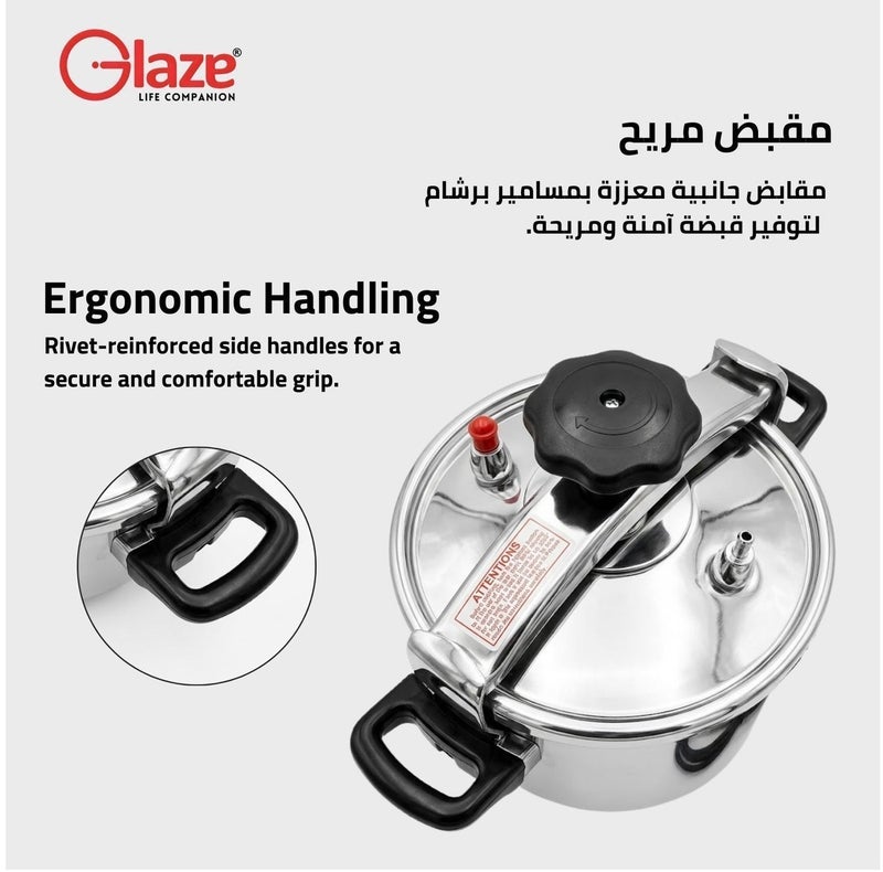 Glaze 7Liters Aluminium Pressure Cooker – Heavy Duty Safety Lock & Valve – Heat Resistant Handles – Gas & Electric Compatible – 5 Year Warranty silver - Image 5