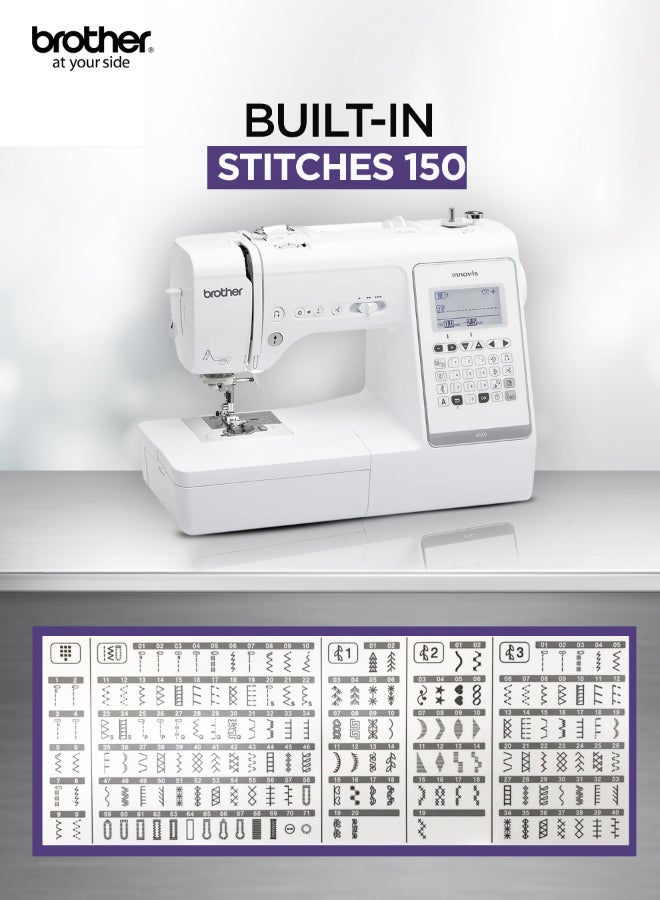 brother INNOV-IS A150 Computerized Electric Sewing Machine | 150 Built-In Stitches And 10 Buttonhole Styles | 4 Fonts  Auto Thread Cutter And Quick Set Bobbin | Electronic Keypad And Start/Stop Button | Hard Case – Ideal For Embroidery Monogramming And Home Sewing | 3,64 " Large LCD Screen And Electronic Keypad | Made In Vietnam White - Image 4
