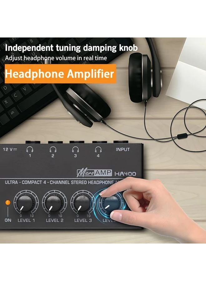 Black HA400 4 Way Monitor Headphone Amplifier USB Powered with 4 Modes 10 Levels - Image 1