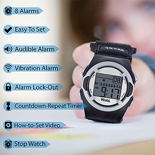 WobL Vibrating 8-Alarm & Repeating Countdown Timer Watch, Medication/Sports/Meetings/Potty, BlackWobL (Black) Vibrating Reminder Watch | 8 Alarm - Image 2