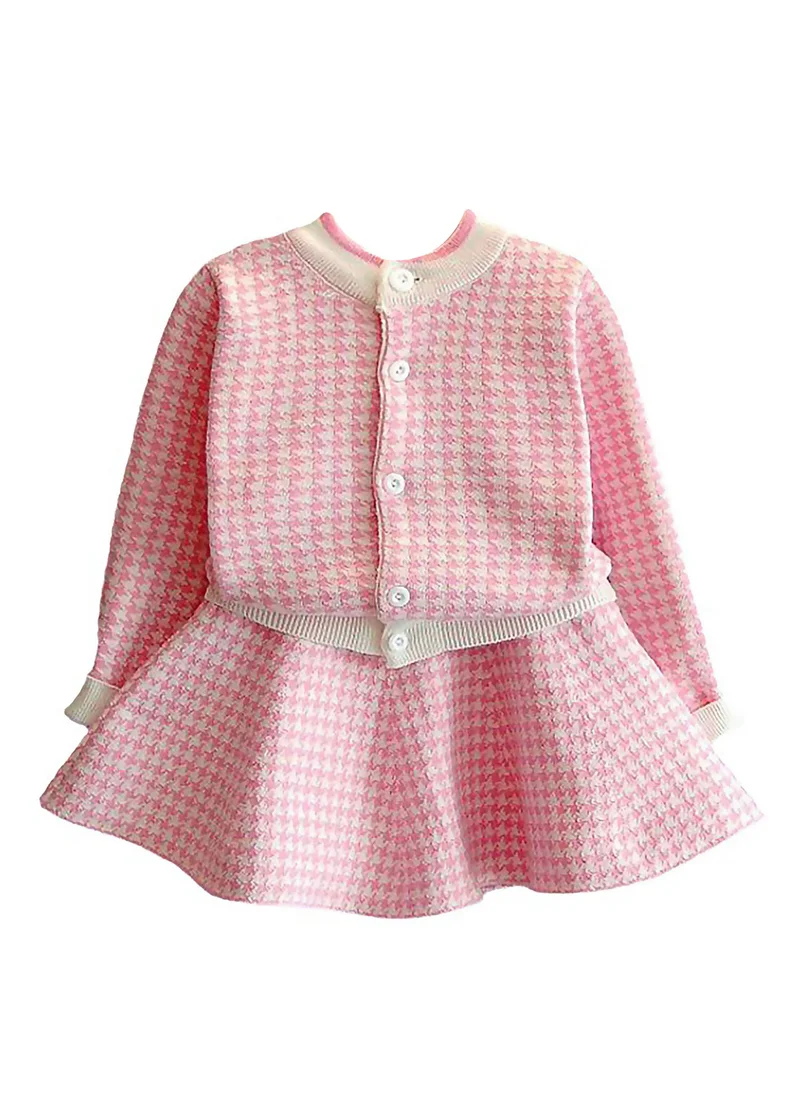 LITTLE SURPRISE BOX Pink Houndstooth 2 pcs Cardigan & skirt Winterwear set for Girls-3-4Y