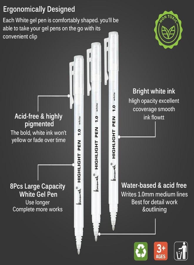 Brusarth White Pens, White Gel Pens for Artists, 1mm Extra Fine Point, White Pens for Black Paper, White Gel Pen, White Ink Pen, White Drawing Pens,White Pen for Artists Drawing, 8 Pack - Image 2