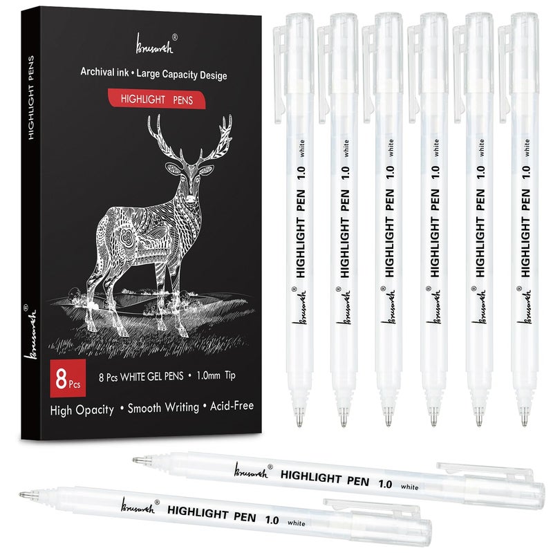 Brusarth White Pens, White Gel Pens for Artists, 1mm Extra Fine Point, White Pens for Black Paper, White Gel Pen, White Ink Pen, White Drawing Pens,White Pen for Artists Drawing, 8 Pack - Image 1