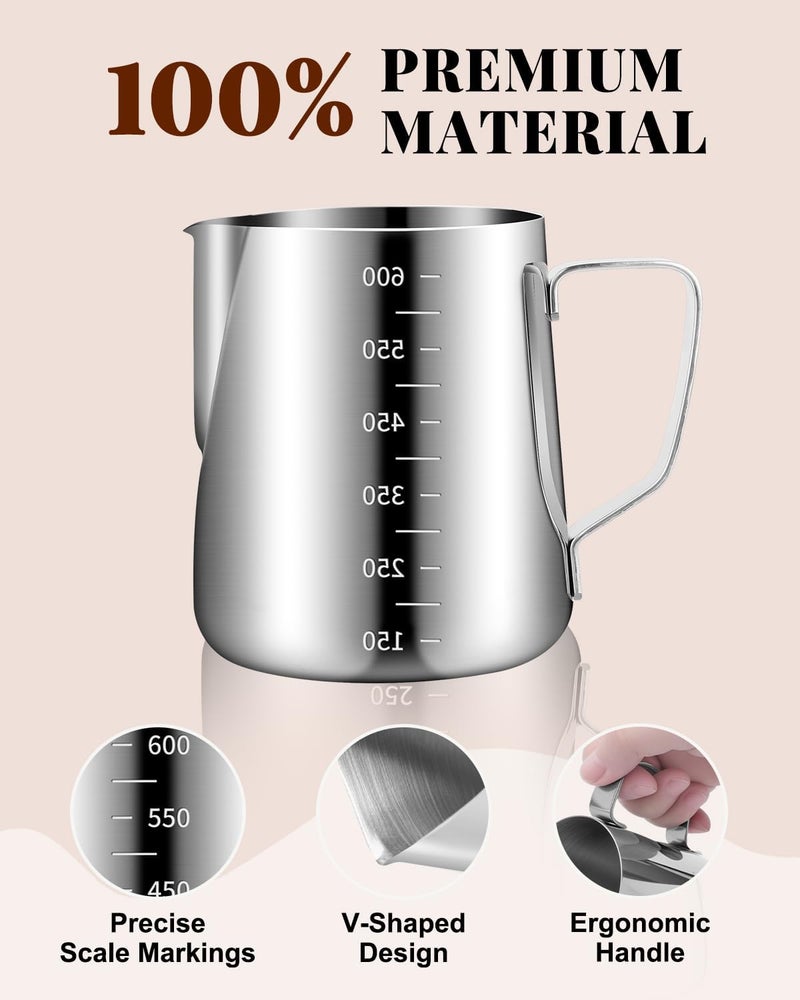 PROKITCHEN Milk Frothing Pitcher 20oz/600ML with Clear Scale 1PCS, Stainless Steel Cappuccino Espresso Machine Accessories for Barista Coffee Bar Attached Dessert Spoons 2PCS - Image 2