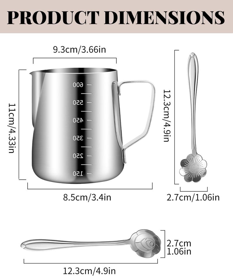 PROKITCHEN Milk Frothing Pitcher 20oz/600ML with Clear Scale 1PCS, Stainless Steel Cappuccino Espresso Machine Accessories for Barista Coffee Bar Attached Dessert Spoons 2PCS - Image 3