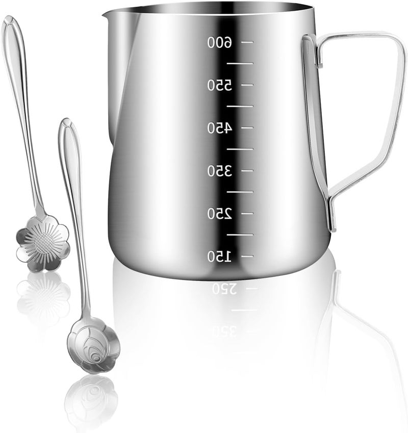 PROKITCHEN Milk Frothing Pitcher 20oz/600ML with Clear Scale 1PCS, Stainless Steel Cappuccino Espresso Machine Accessories for Barista Coffee Bar Attached Dessert Spoons 2PCS - Image 1