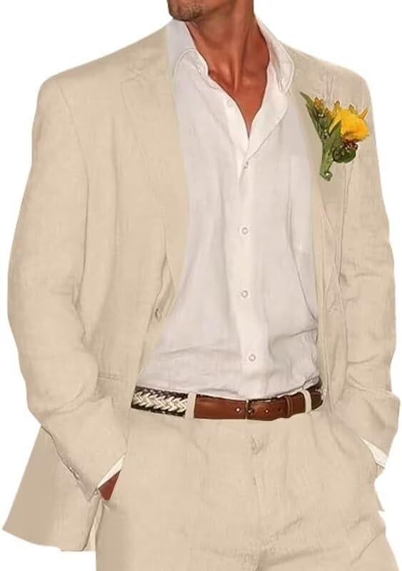 بدلة بوفان للرجال من قطعتين من الكتان، بدلة زفاف شاطئية غير رسمية، بدلة توكسيدو للعرسان، سترة وسروال XXL