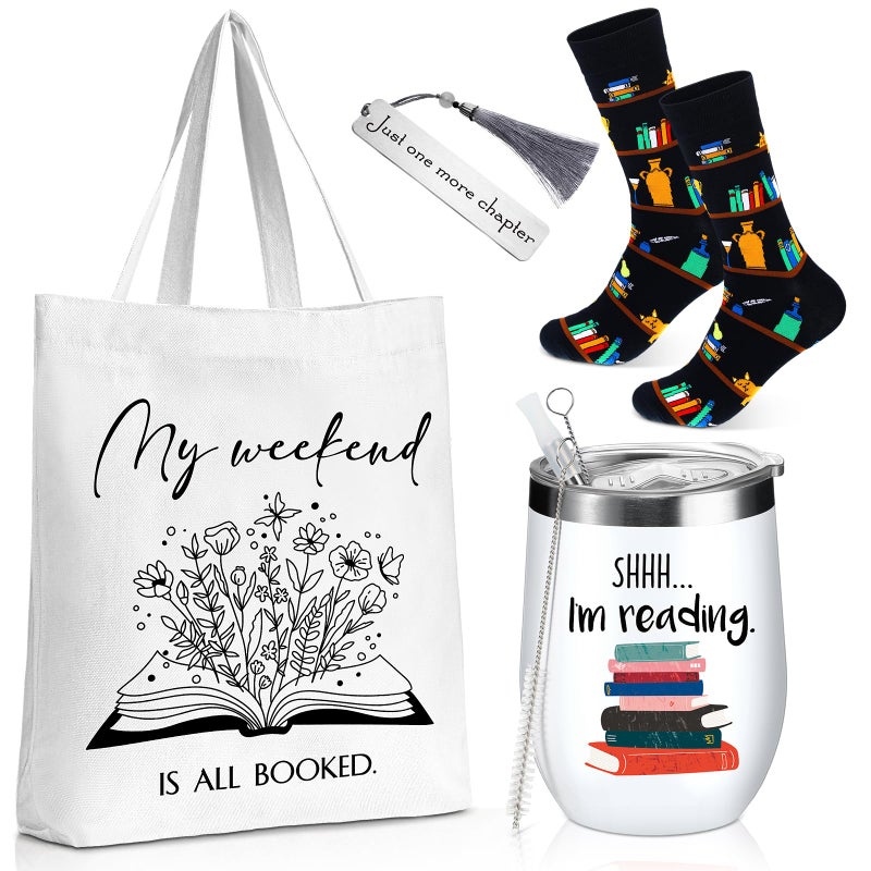 Sieral Sets of 4 Book Lovers Gifts for Women Includes Novelty Socks 12 oz Stainless Steel Wine Tumbler with Lid Library Canvas Tote Bag Bookmark Tassel for Reader Teacher TeenagersReading