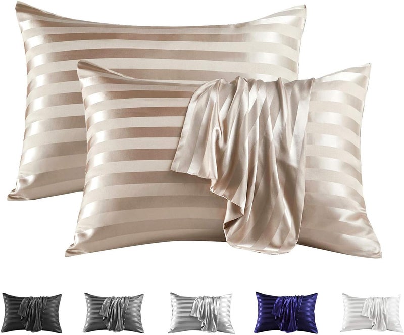 MR&HM Satin Pillowcase for Hair and Skin, Silk Satin Pillowcase 2 Pack, Standard Size Pillow Cases Set of 2, Silky Pillow Cover with Envelope Closure (20x26, Champagne Striped) - Image 1