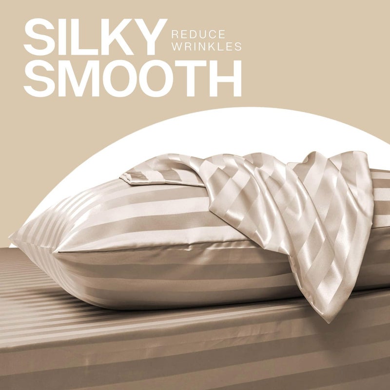 MR&HM Satin Pillowcase for Hair and Skin, Silk Satin Pillowcase 2 Pack, Standard Size Pillow Cases Set of 2, Silky Pillow Cover with Envelope Closure (20x26, Champagne Striped) - Image 4