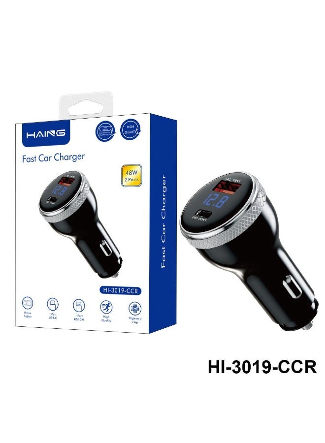 Haing Fast Car Charger – 48W Dual-Port (QC 18W + PD 30W) – Digital LED Display – USB & Type-C Car Adapter - Image 2