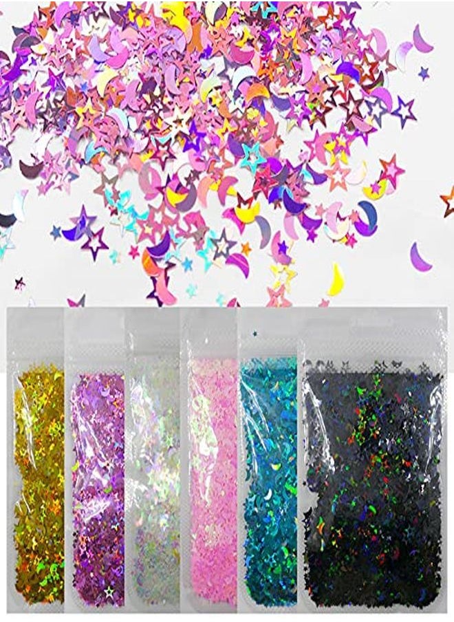 LoveOurHome 6 Colors Star Moon Chunky Glitter Flakes Resin Epoxy Accessories Holographic Black Blue Stars Glitters Confetti Crafts Sequins Decor For Nail Art/Slime/Makeup/Jewelry Making  - Image 1