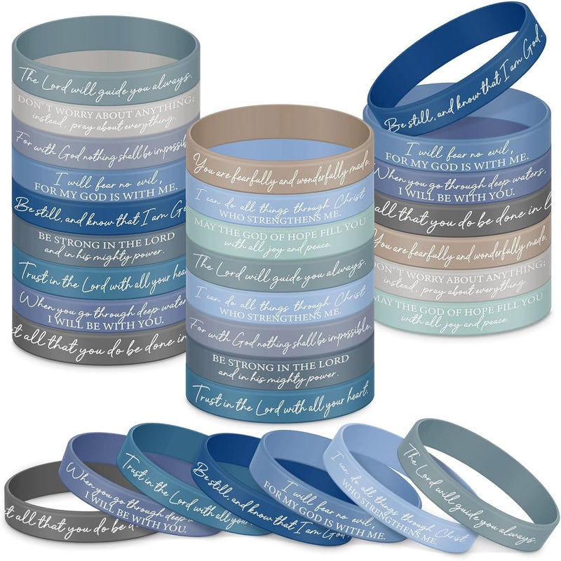 Ecation 24 Pcs Bible Verses Bracelets Bulk Scripture Silicone Wristbands Inspirational Motivational Quote Rubber Wristbands Christian Bracelets for Women Men Easter Party Favors (Blue Gray) - Image 1