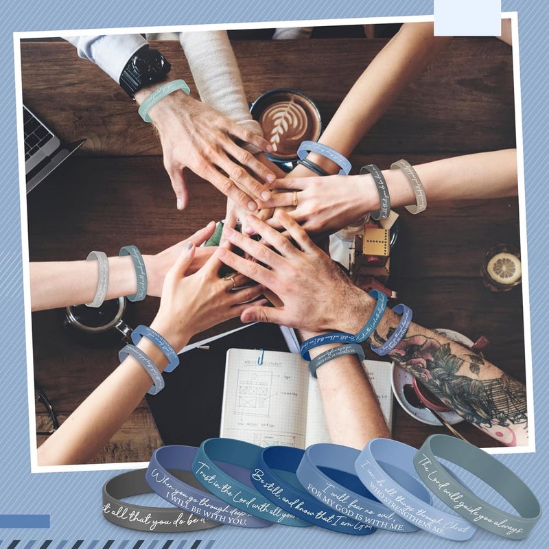 Ecation 24 Pcs Bible Verses Bracelets Bulk Scripture Silicone Wristbands Inspirational Motivational Quote Rubber Wristbands Christian Bracelets for Women Men Easter Party Favors (Blue Gray) - Image 5