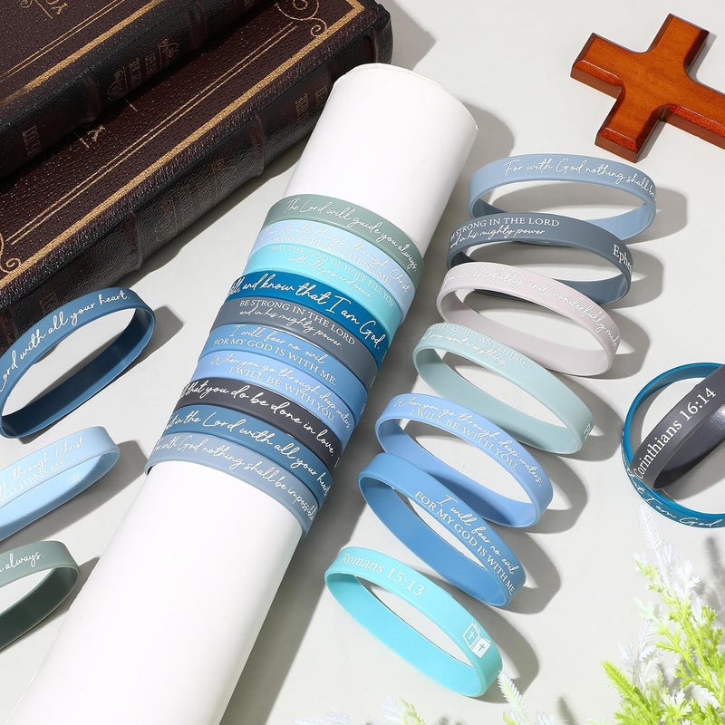 Ecation 24 Pcs Bible Verses Bracelets Bulk Scripture Silicone Wristbands Inspirational Motivational Quote Rubber Wristbands Christian Bracelets for Women Men Easter Party Favors (Blue Gray) - Image 3